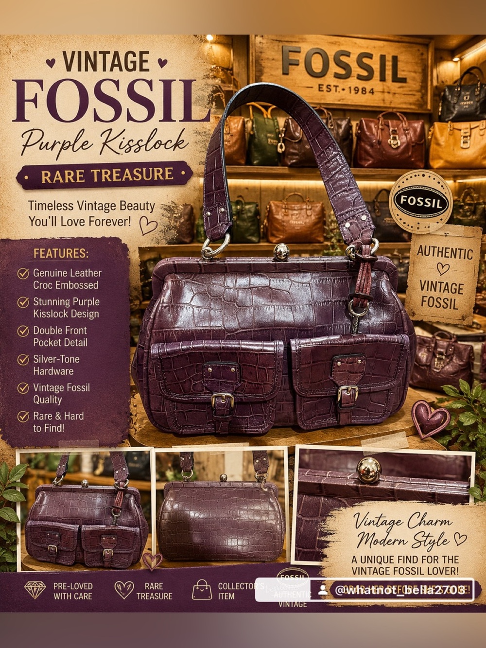 Fossil Vintage Rare color in Purple Croc-Embossed Kisslock Shoulder Bag